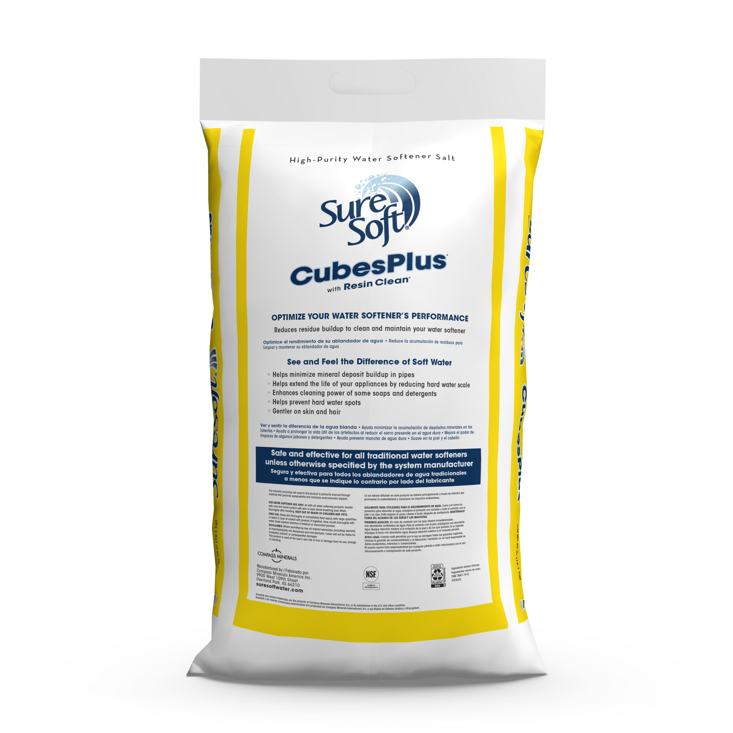 The back of a 40-pound bag of SureSoft CubesPlus with Resin Clean water softener salt.