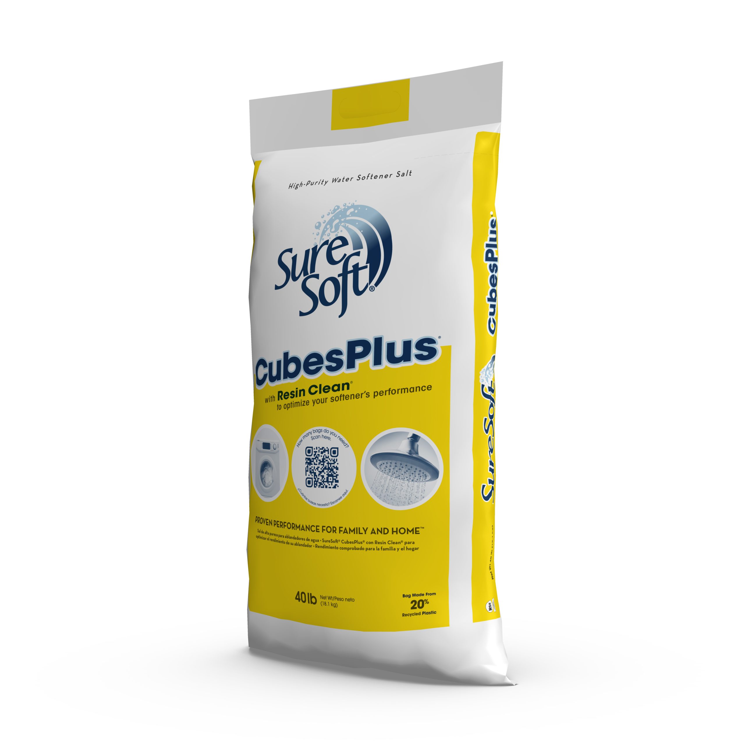 The left side of a 40-pound bag of SureSoft CubesPlus with Resin Clean water softener salt.