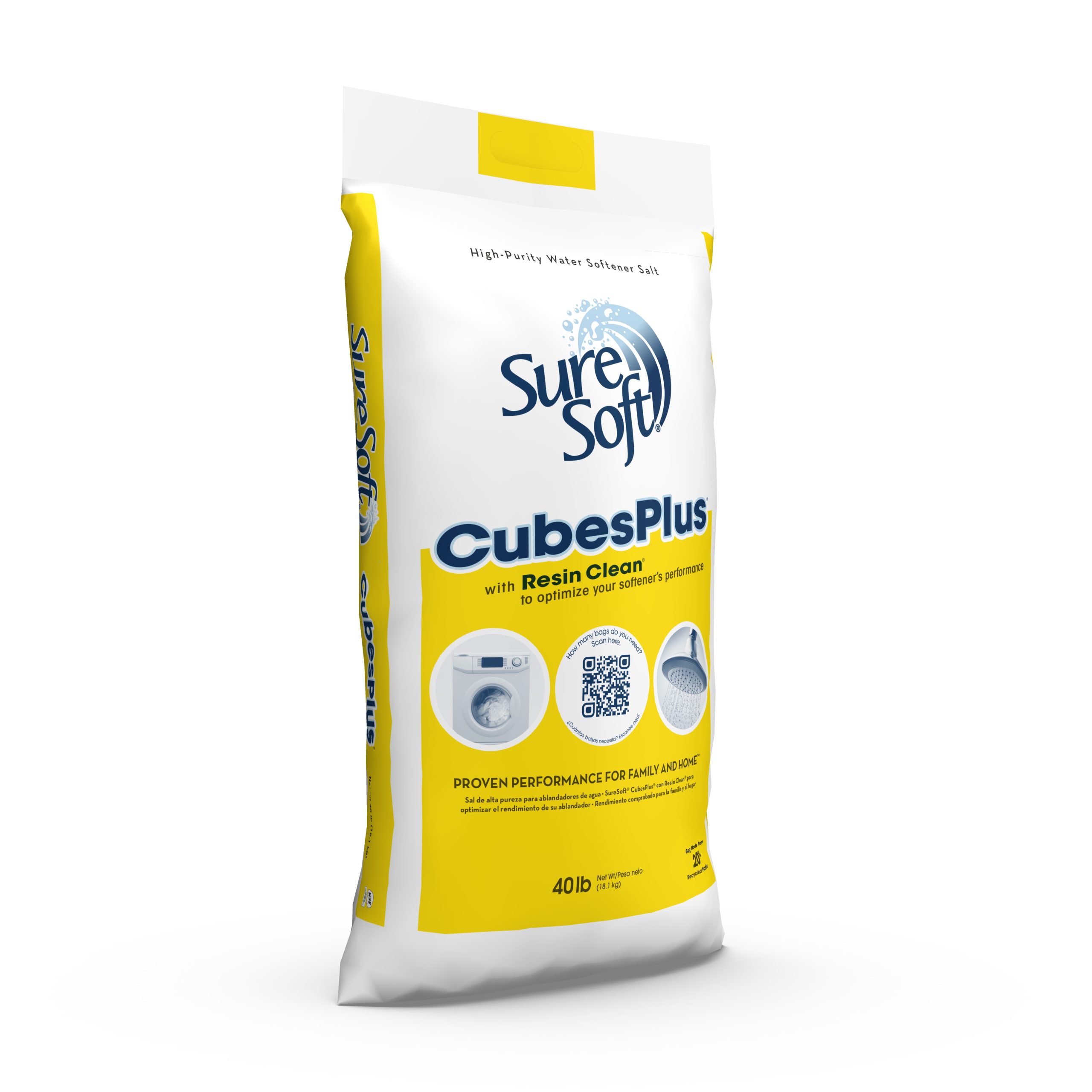 The right side of a 40-pound bag of SureSoft CubesPlus with Resin Clean water softener salt.