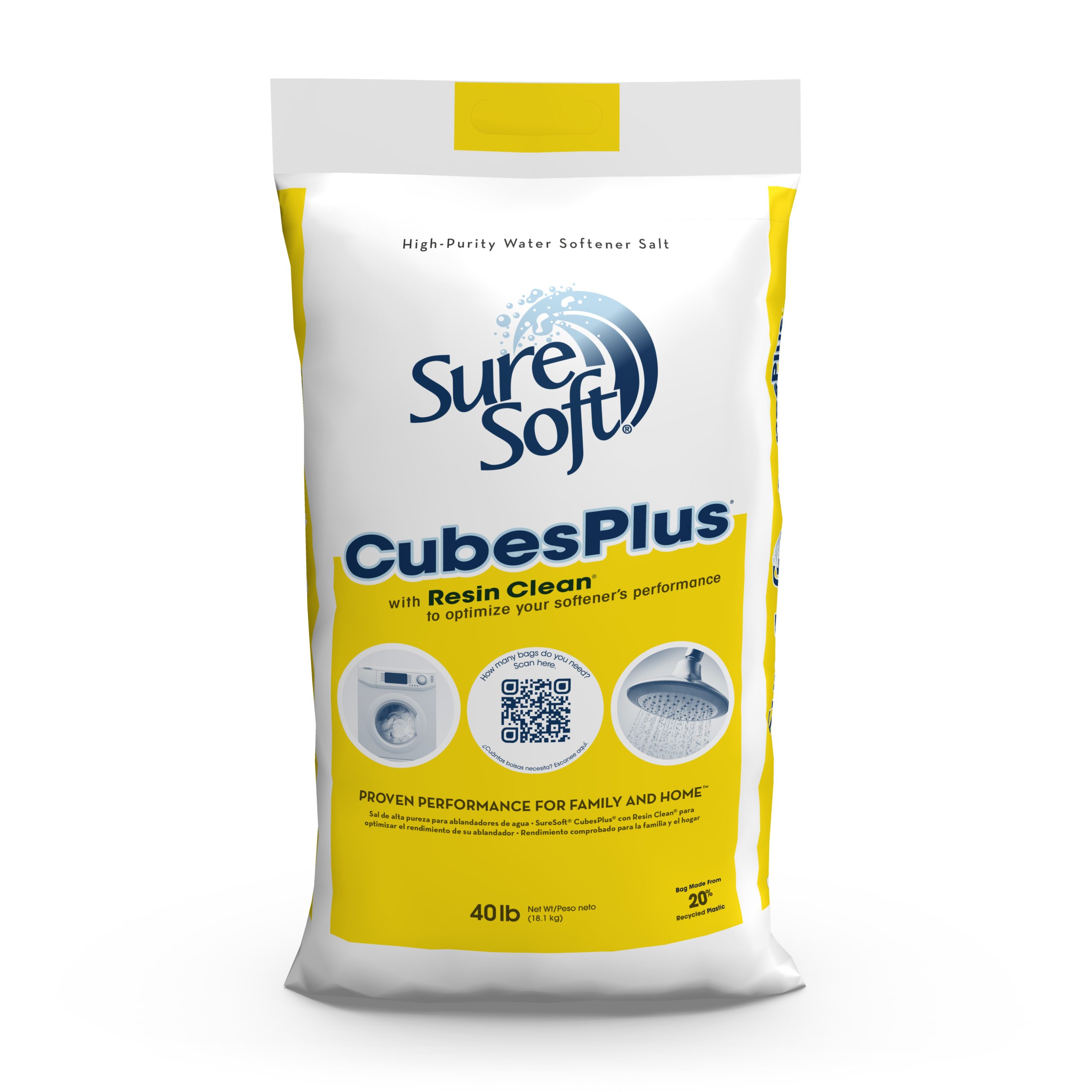 The front of a 40-pound bag of SureSoft CubesPlus with Resin Clean water softener salt.
