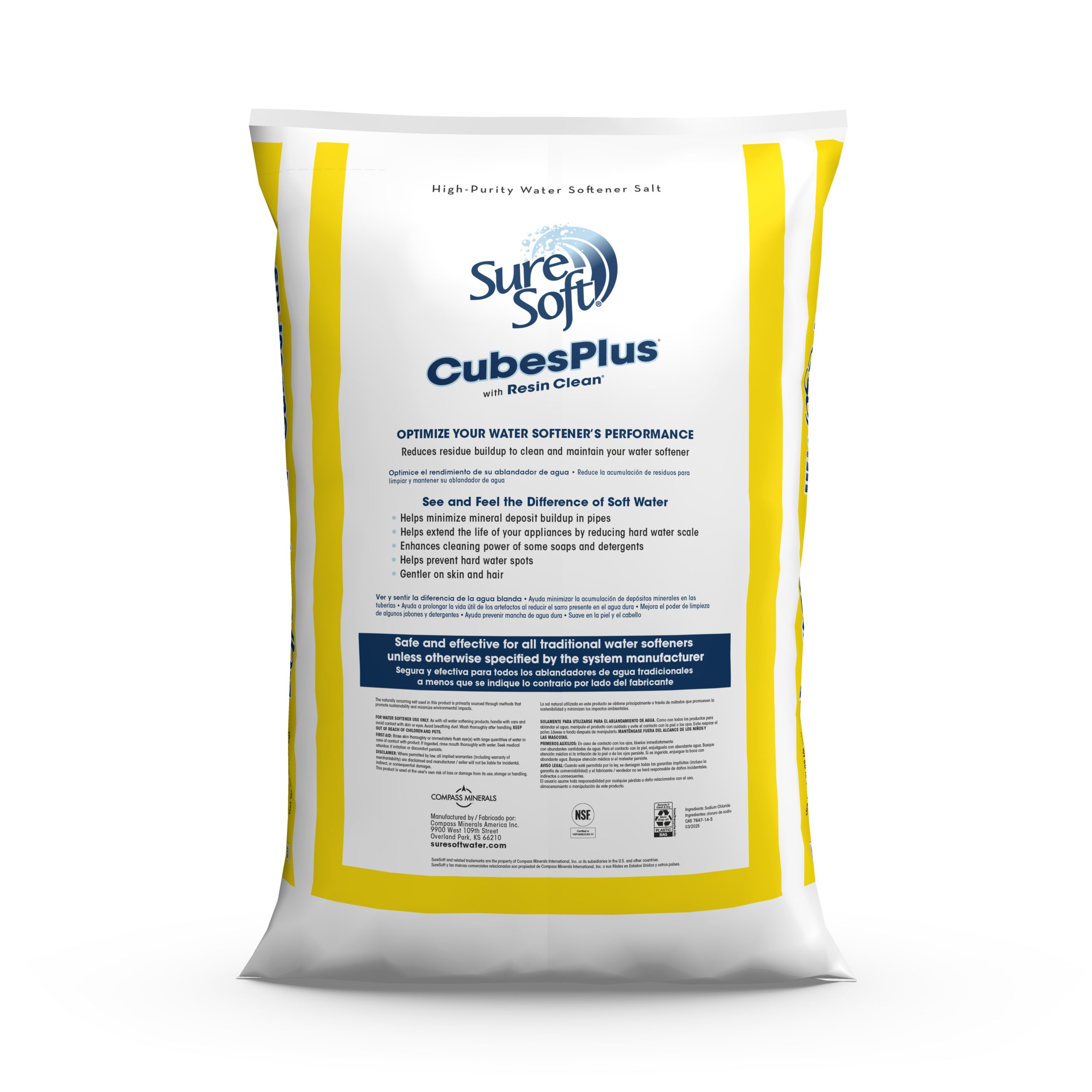 The back of a 50-pound bag of SureSoft CubesPlus with Resin Clean water softener salt.