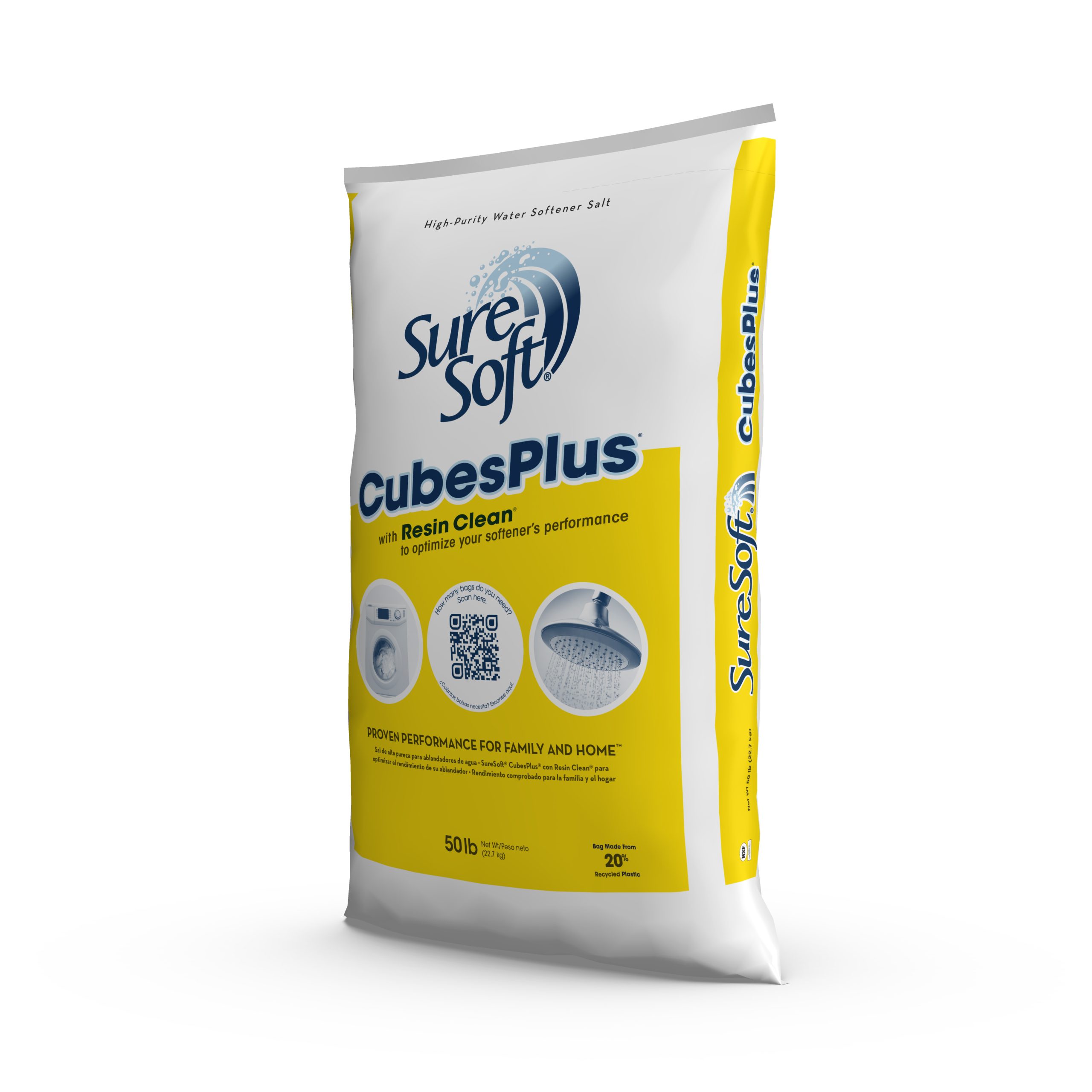The left side of a 50-pound bag of SureSoft CubesPlus with Resin Clean water softener salt.