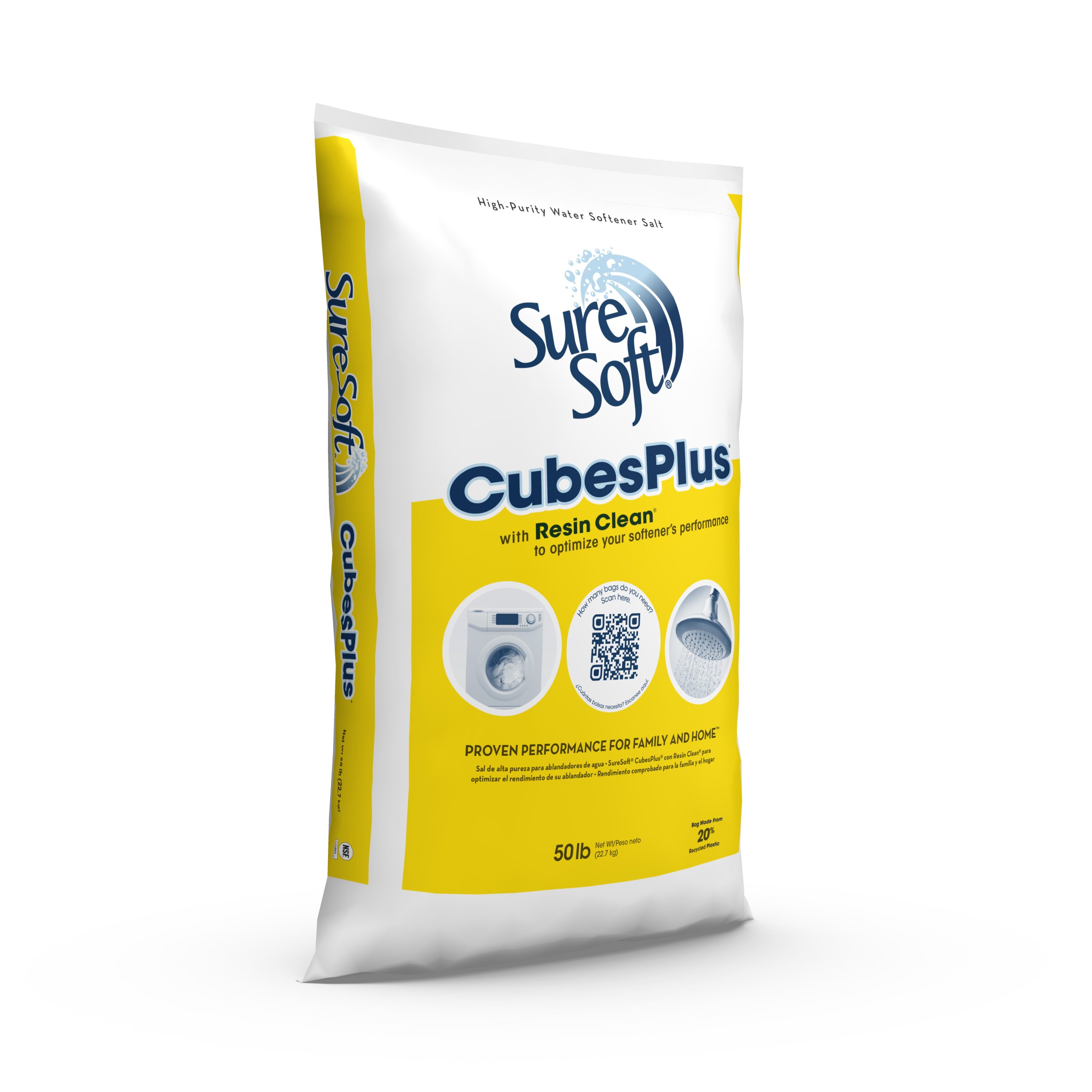 The right side of a 50-pound bag of SureSoft CubesPlus with Resin Clean water softener salt.