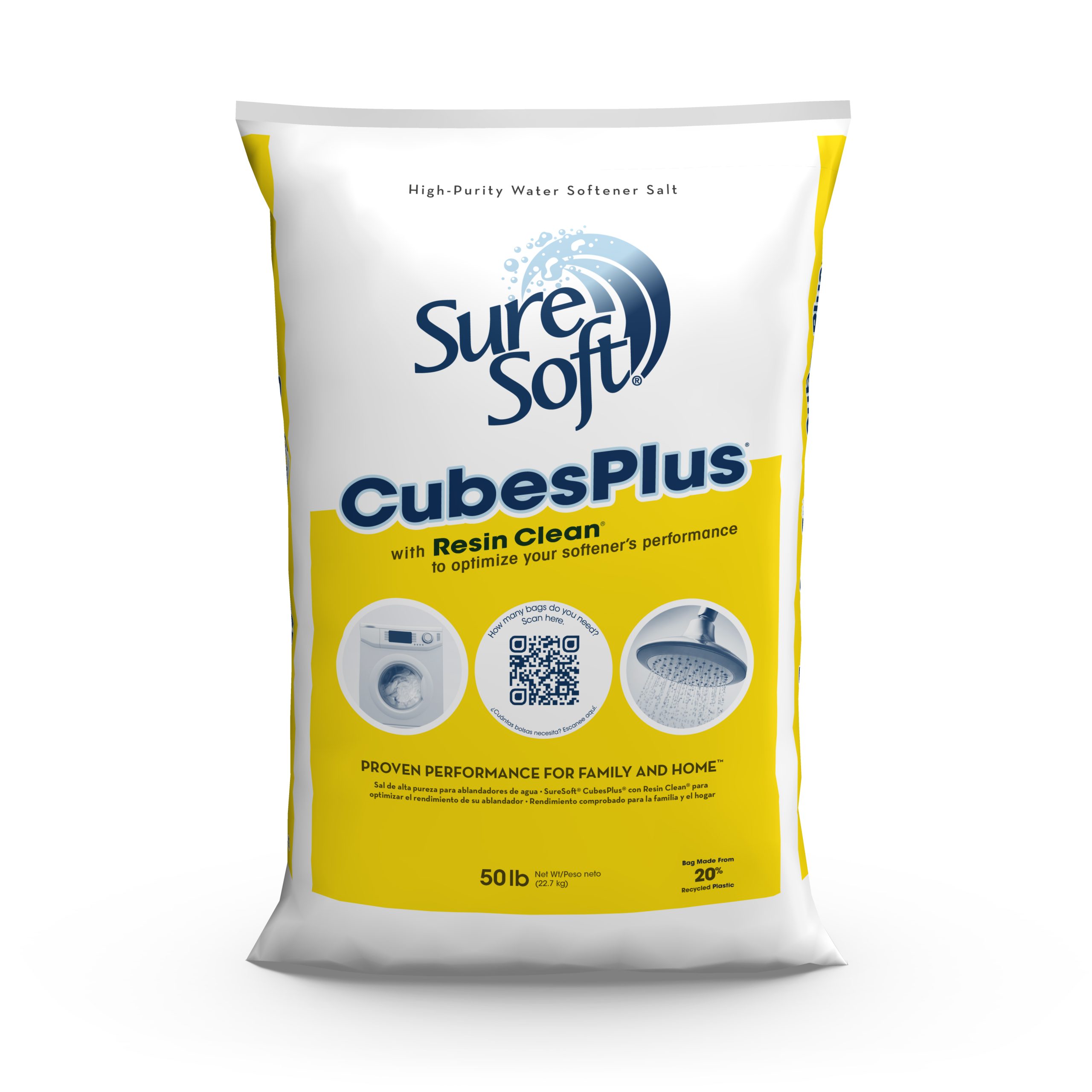The front of a 50-pound bag of SureSoft CubesPlus with Resin Clean water softener salt.