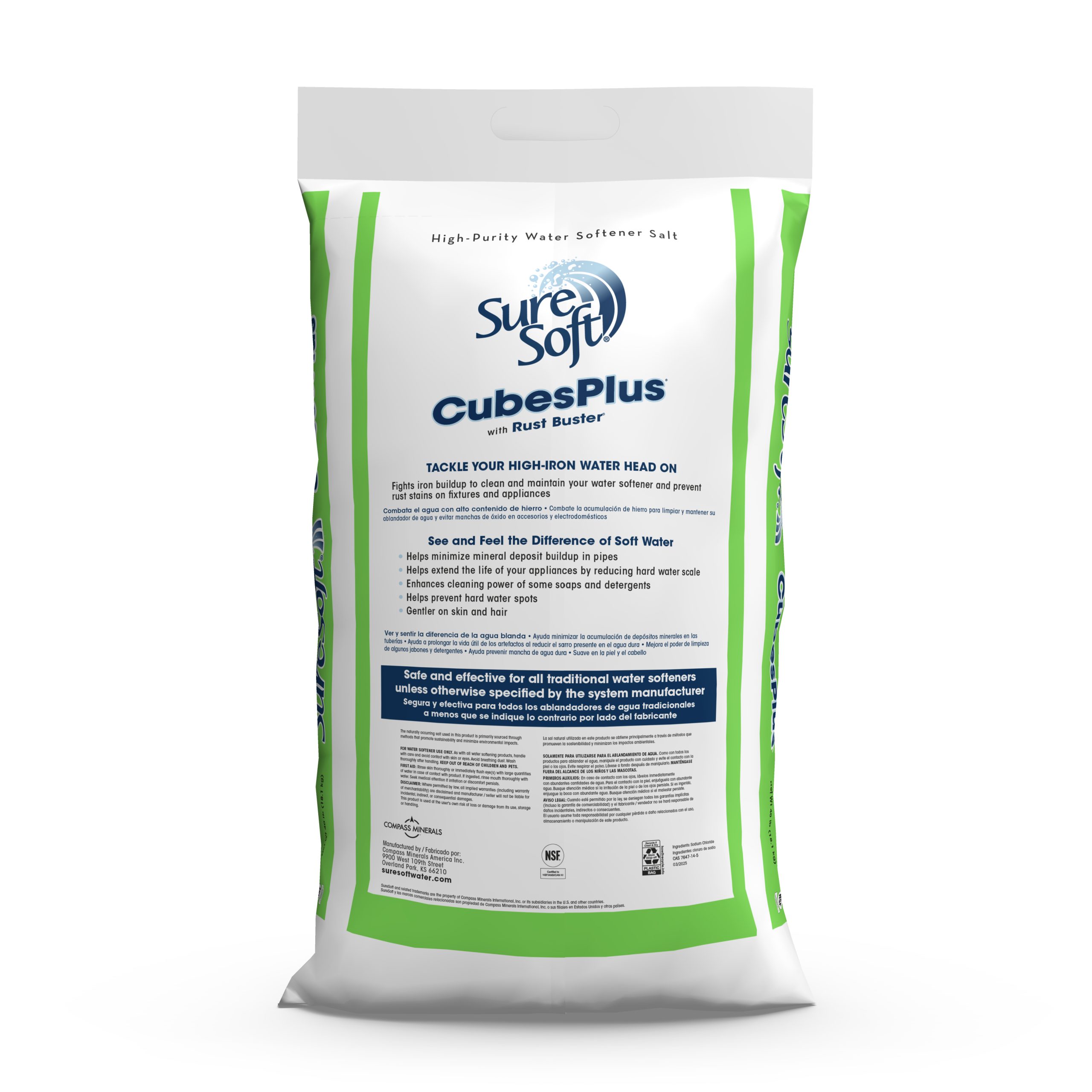 The back of a 40-pound bag of SureSoft CubesPlus with Rust Buster water softener salt.