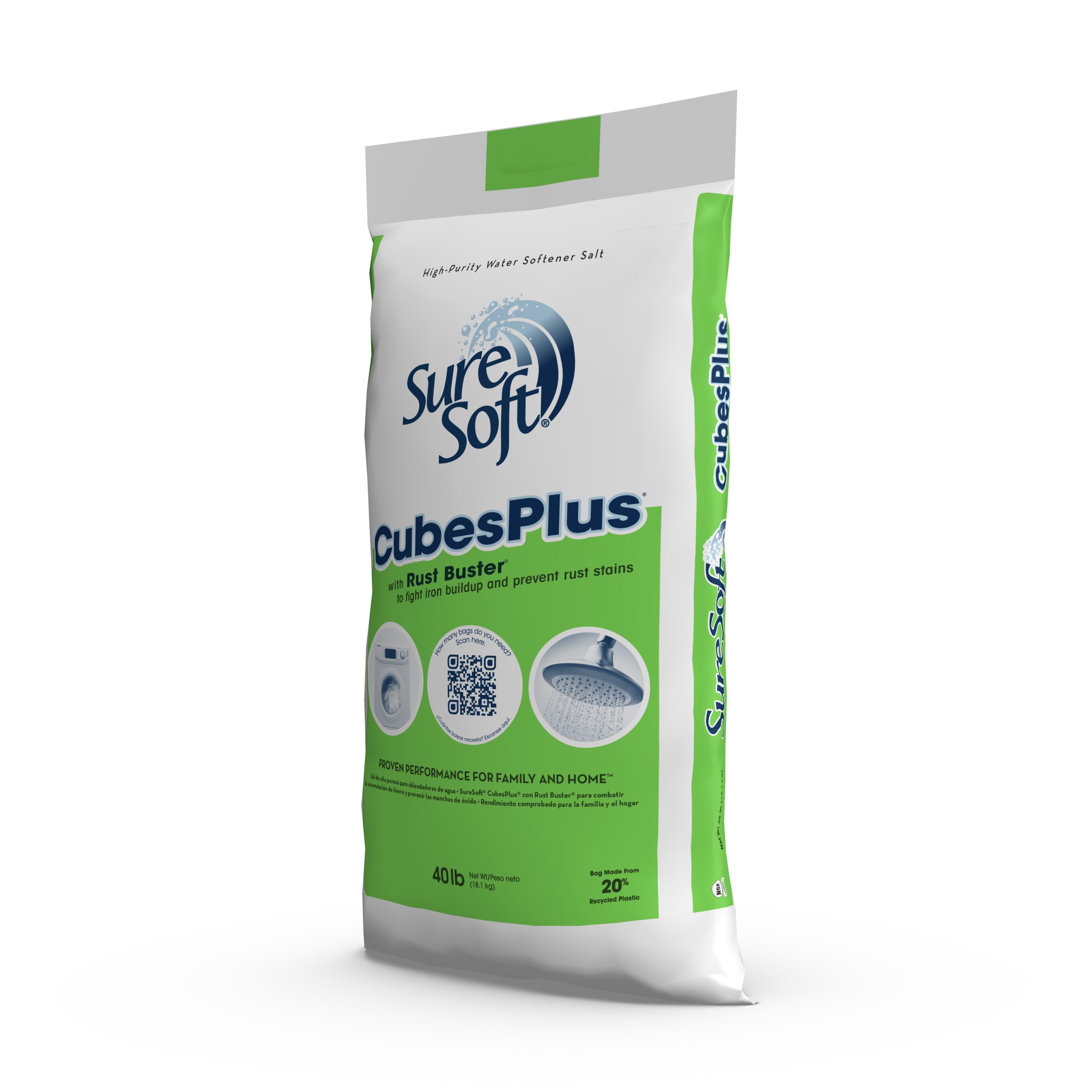 The left side of a 40-pound bag of SureSoft CubesPlus with Rust Buster water softener salt.
