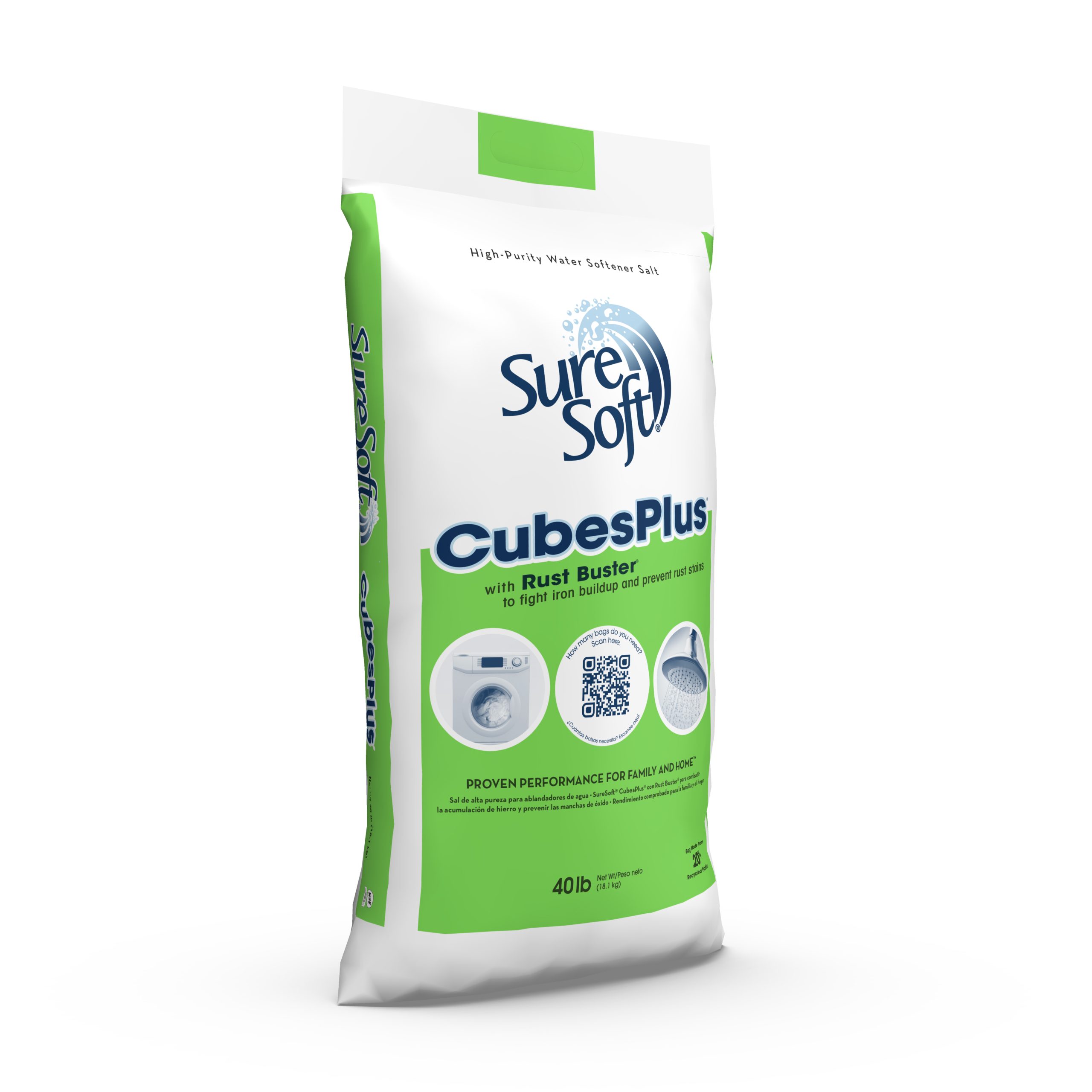 The right side of a 40-pound bag of SureSoft CubesPlus with Rust Buster water softener salt.