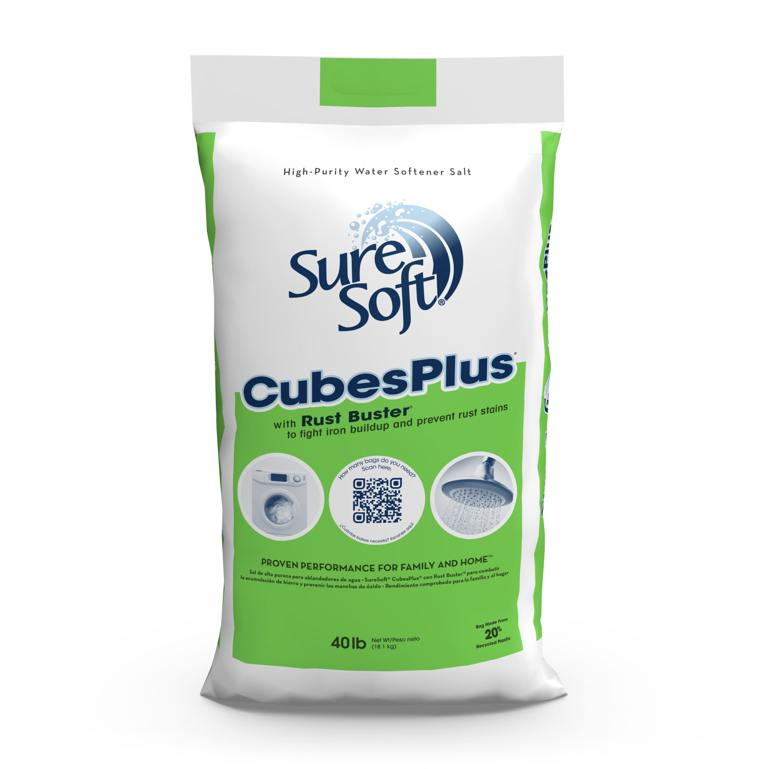 The front of a 40-pound bag of SureSoft CubesPlus with Rust Buster water softener salt.