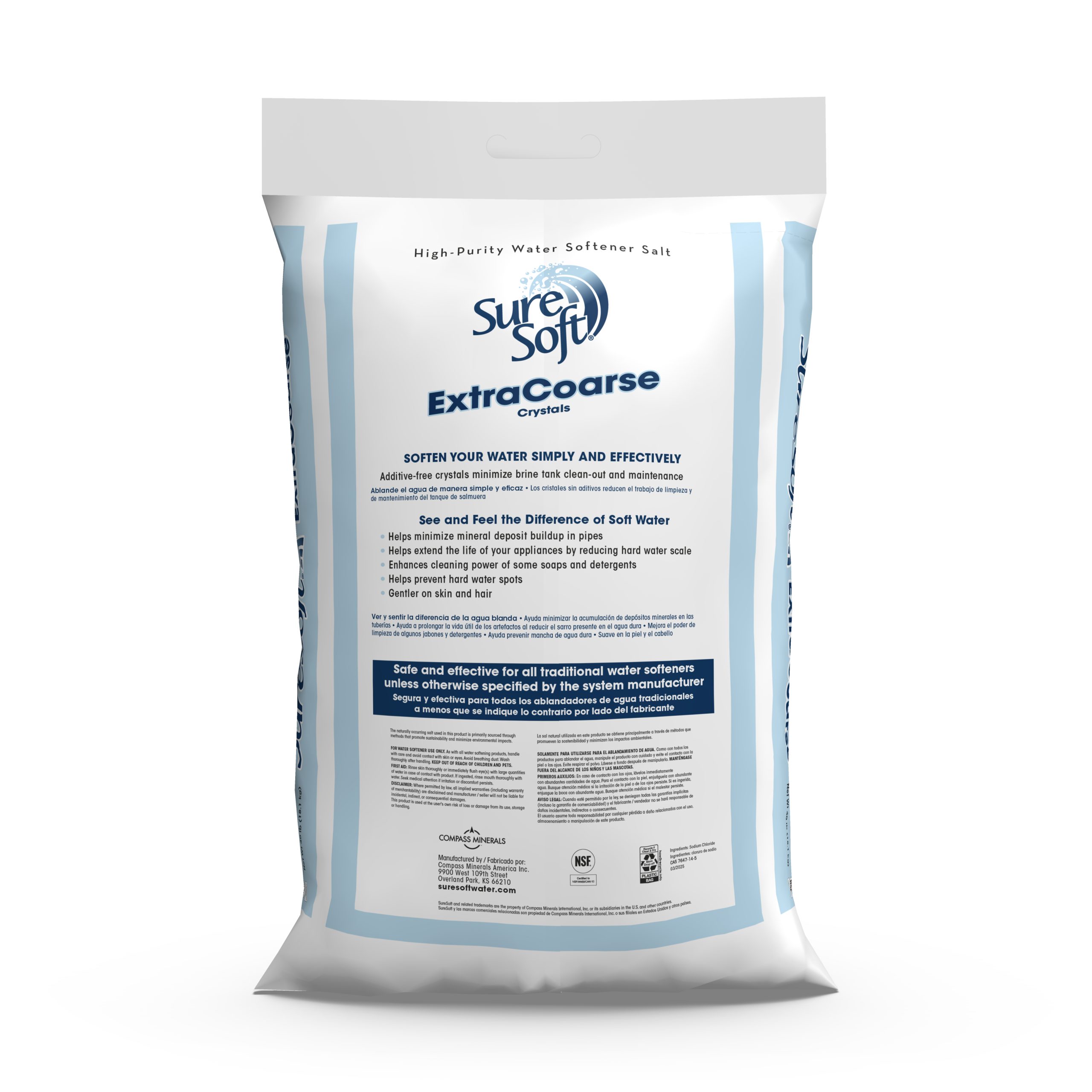The back of a 40-pound bag of SureSoft Extra Coarse water softener salt.