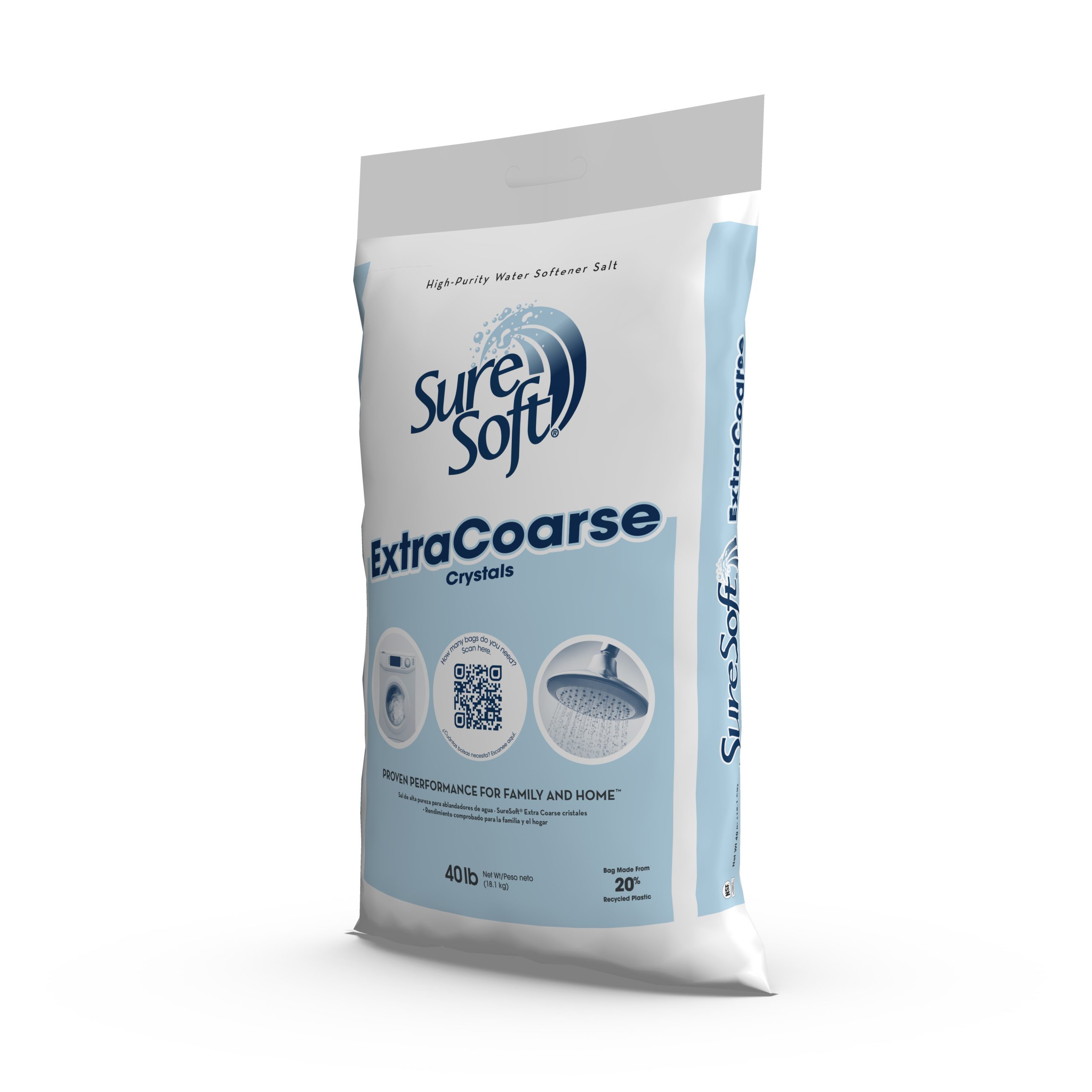The left side of a 40-pound bag of SureSoft Extra Coarse water softener salt.