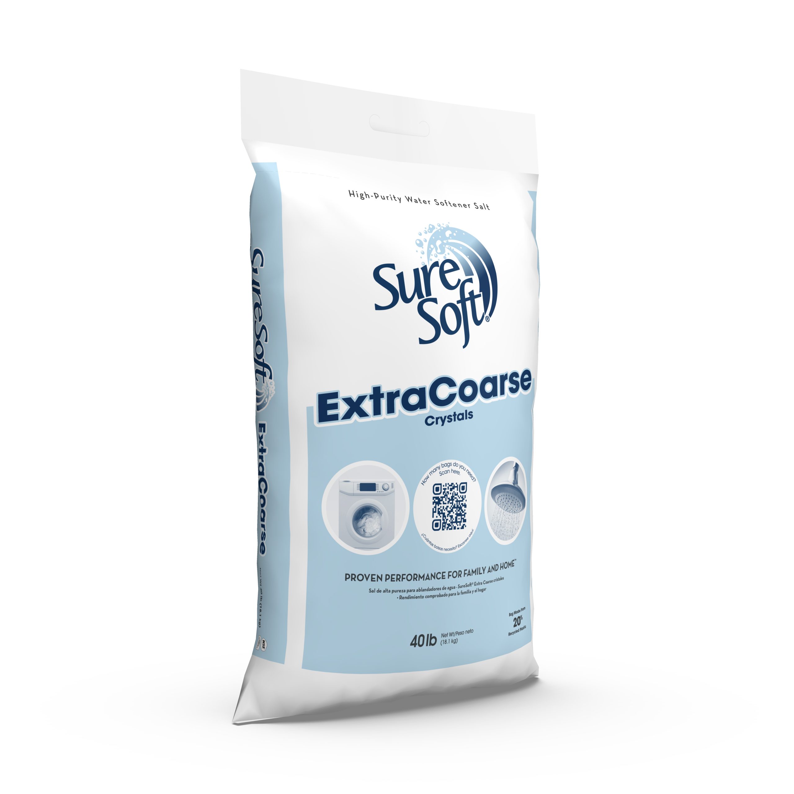 The right side of a 40-pound bag of SureSoft Extra Coarse water softener salt.