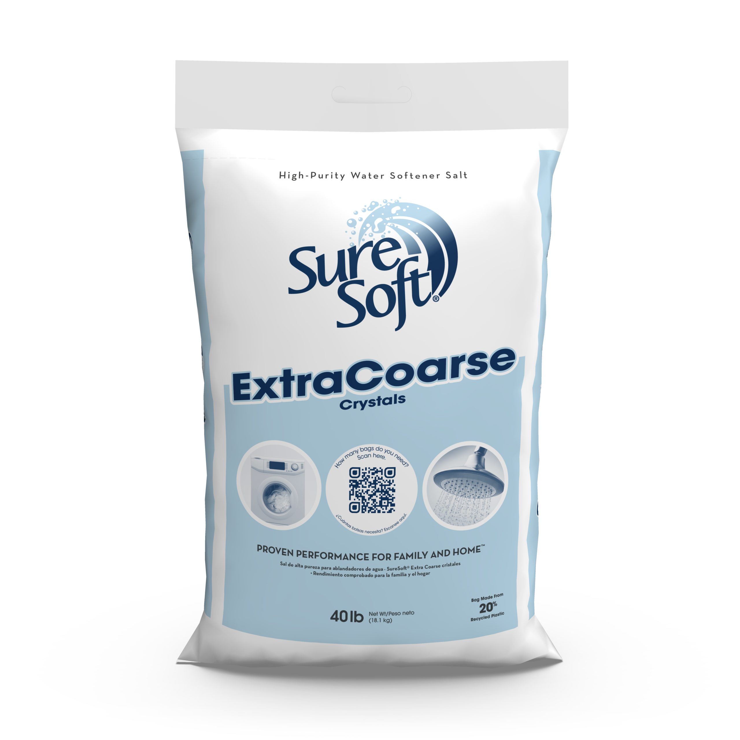 The front of a 40-pound bag of SureSoft Extra Coarse water softener salt.