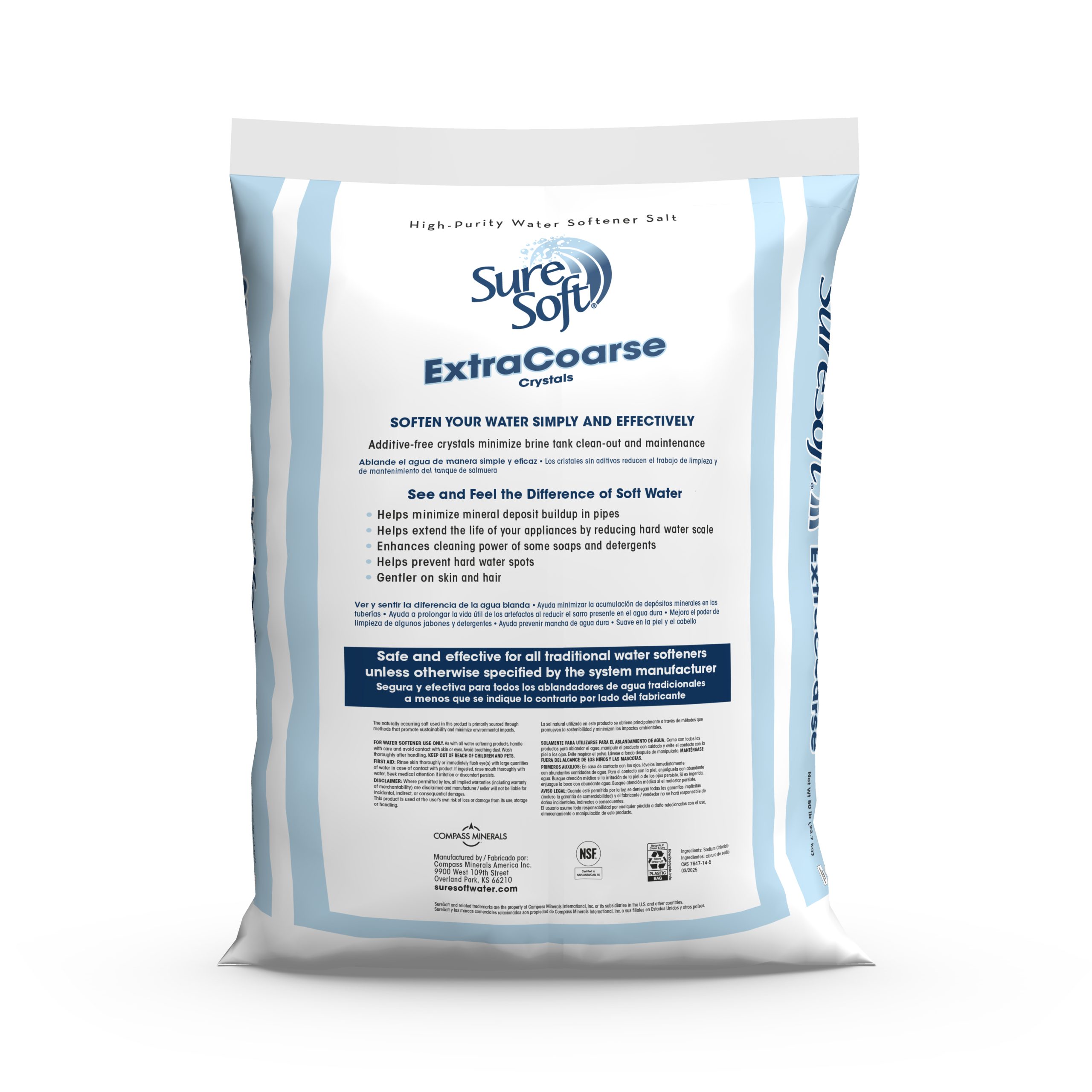 The back of a 50-pound bag of SureSoft Extra Coarse water softener salt.