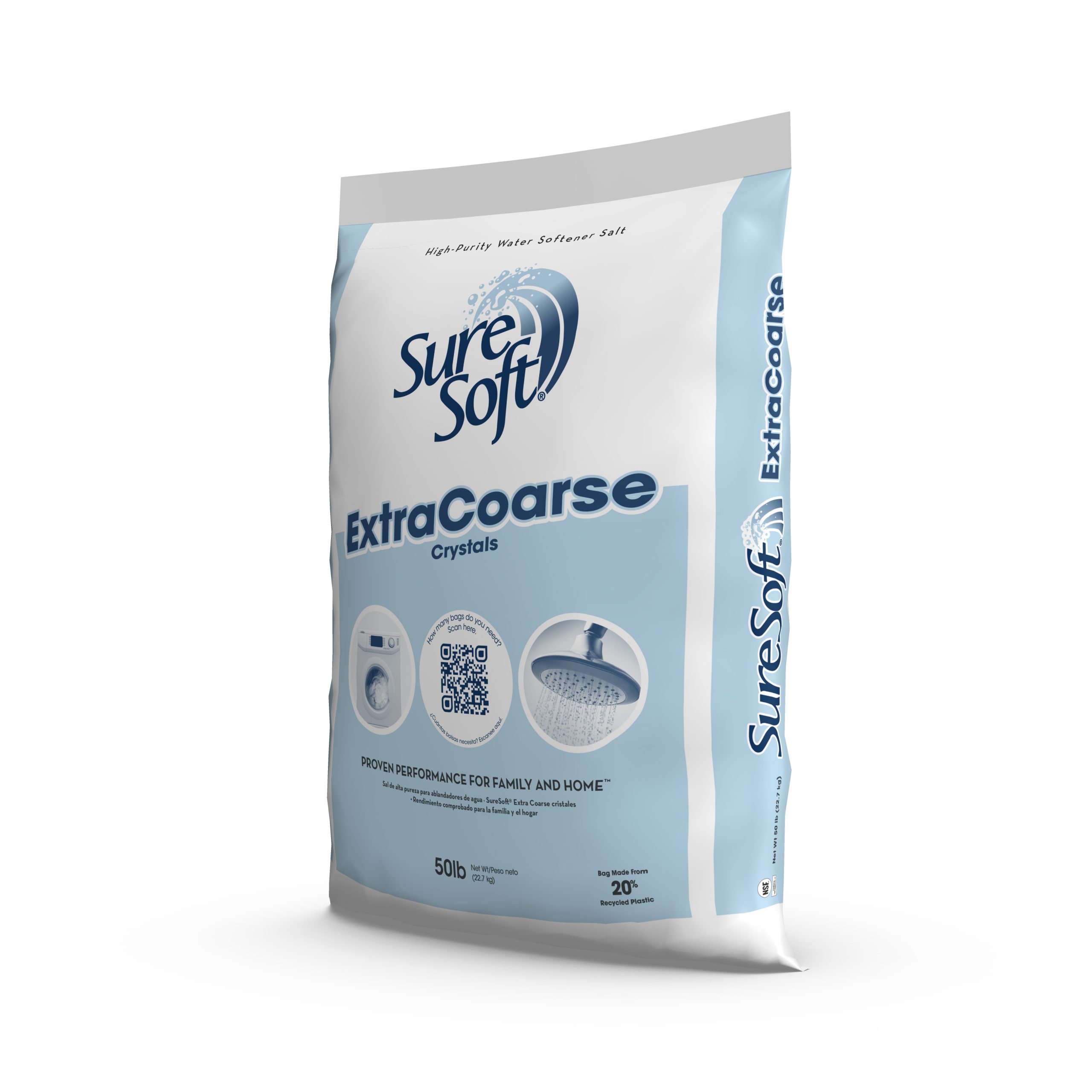The left side of a 50-pound bag of SureSoft Extra Coarse water softener salt.
