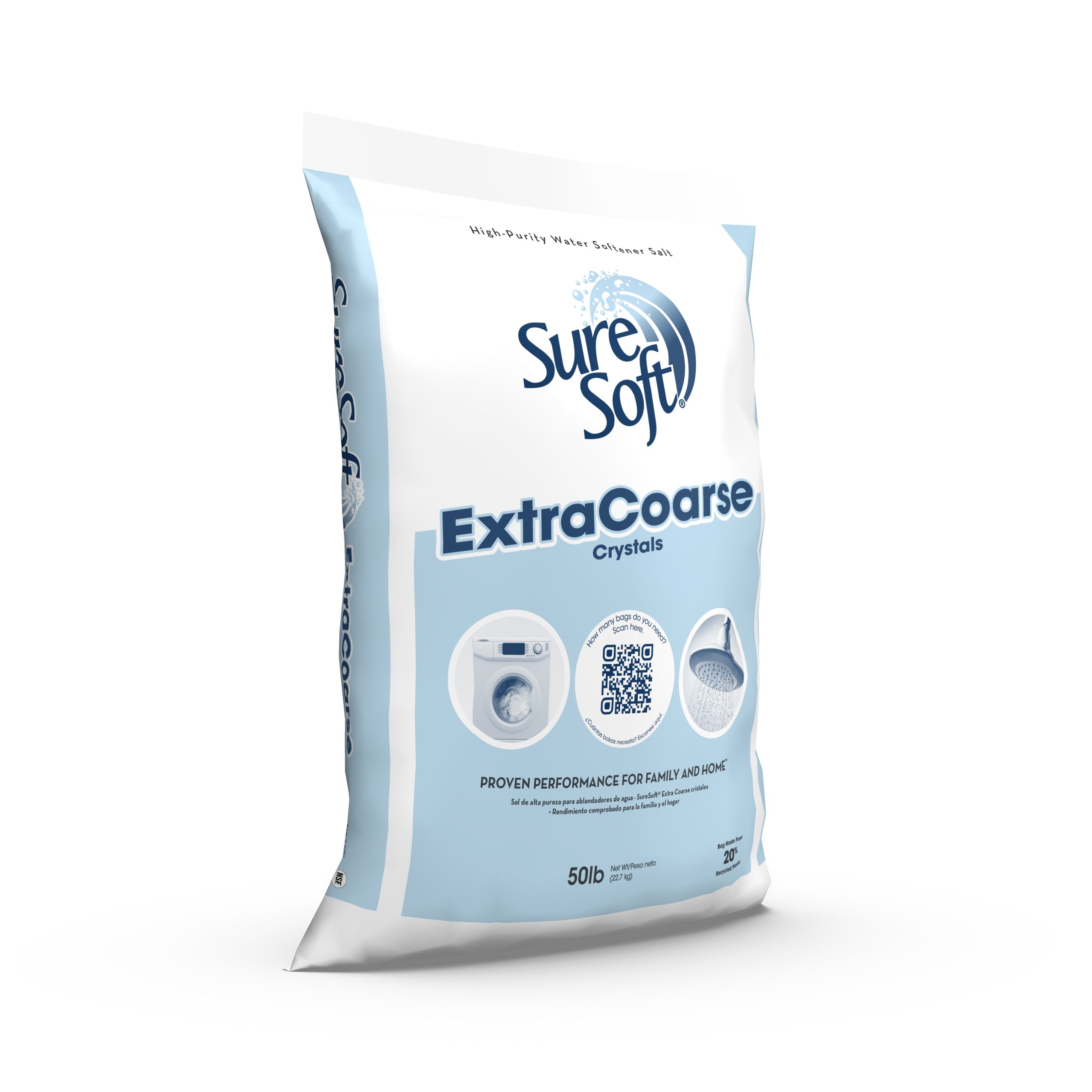 The right side of a 50-pound bag of SureSoft Extra Coarse water softener salt.
