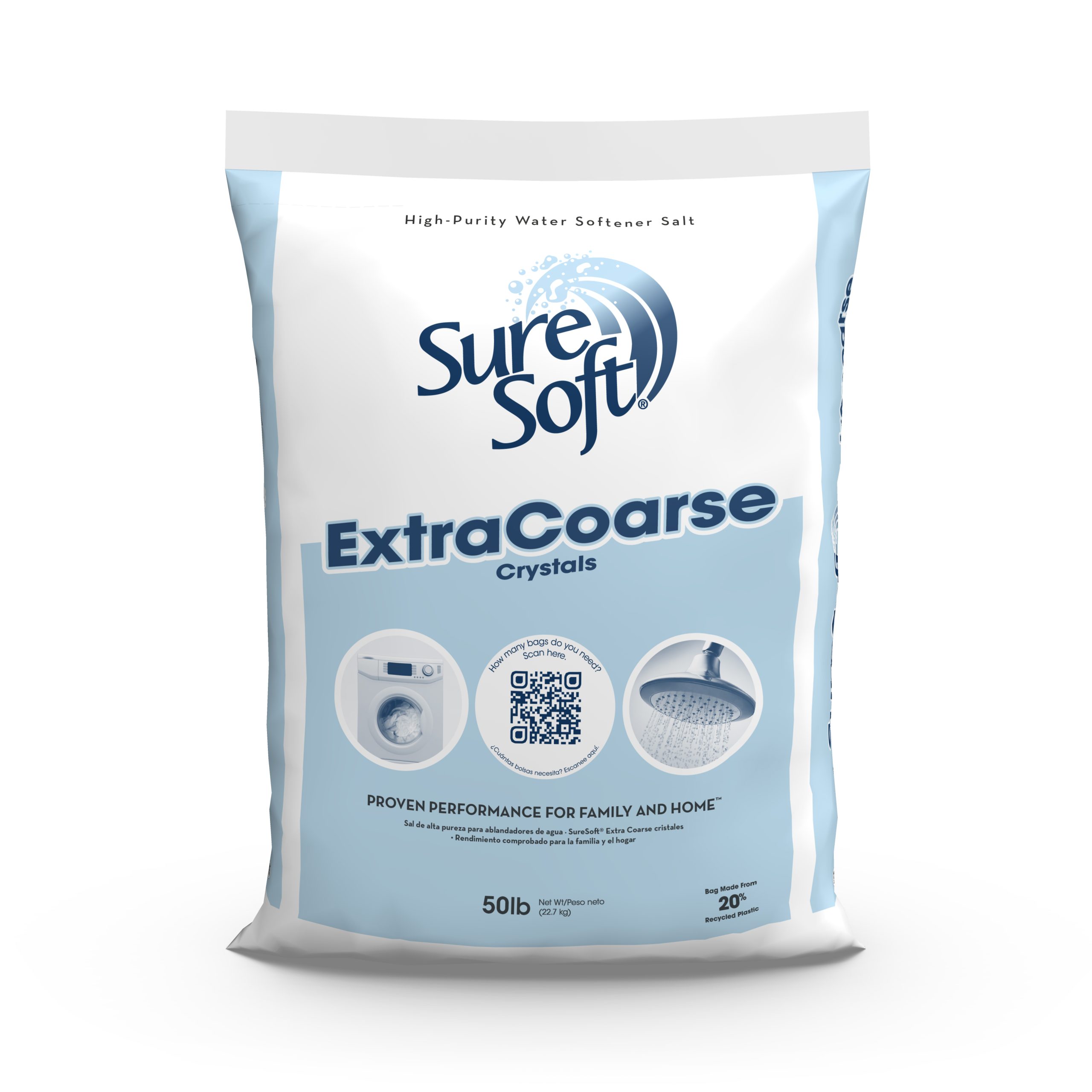 The front of a 50-pound bag of SureSoft Extra Coarse water softener salt.