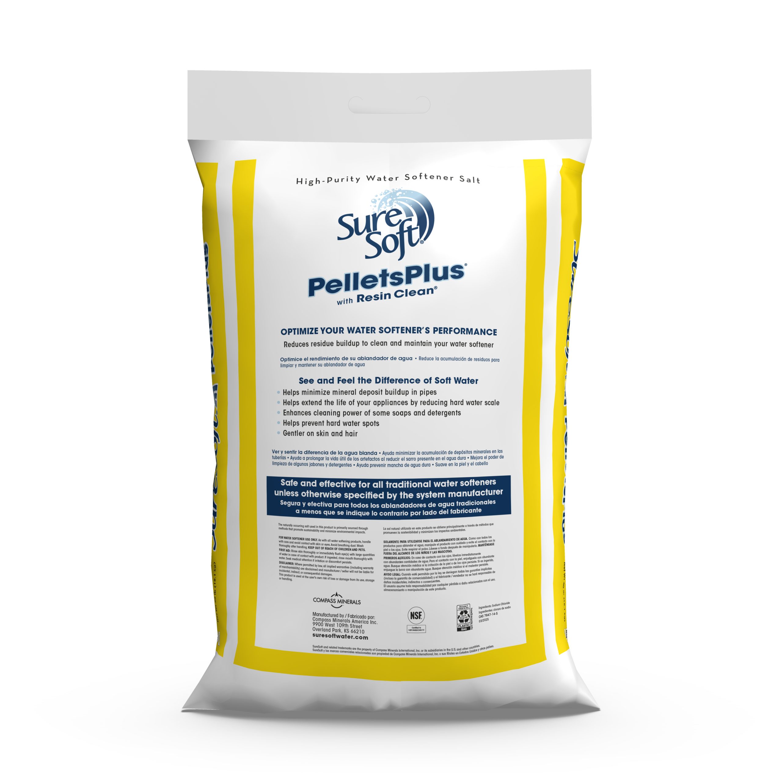 The back of a 40-pound bag of SureSoft PelletsPlus with Resin Clean water softener salt.