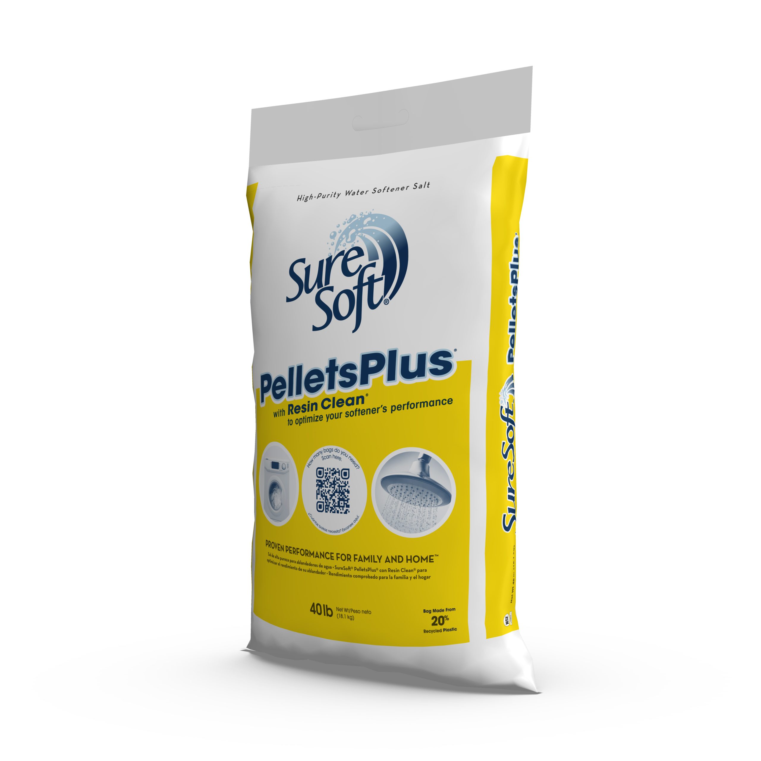 The left side of a 40-pound bag of SureSoft PelletsPlus with Resin Clean water softener salt.