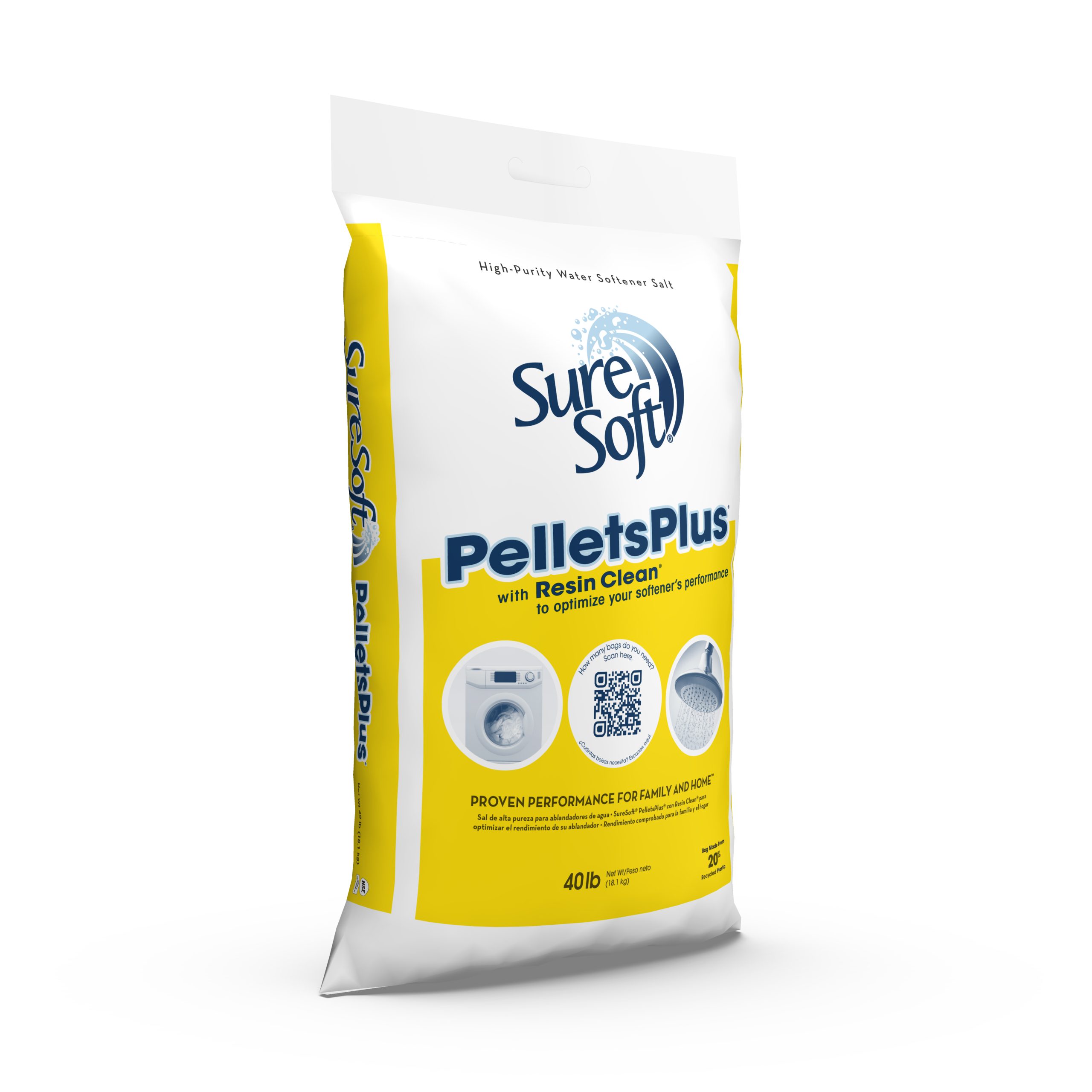 The right side of a 40-pound bag of SureSoft PelletsPlus with Resin Clean water softener salt.