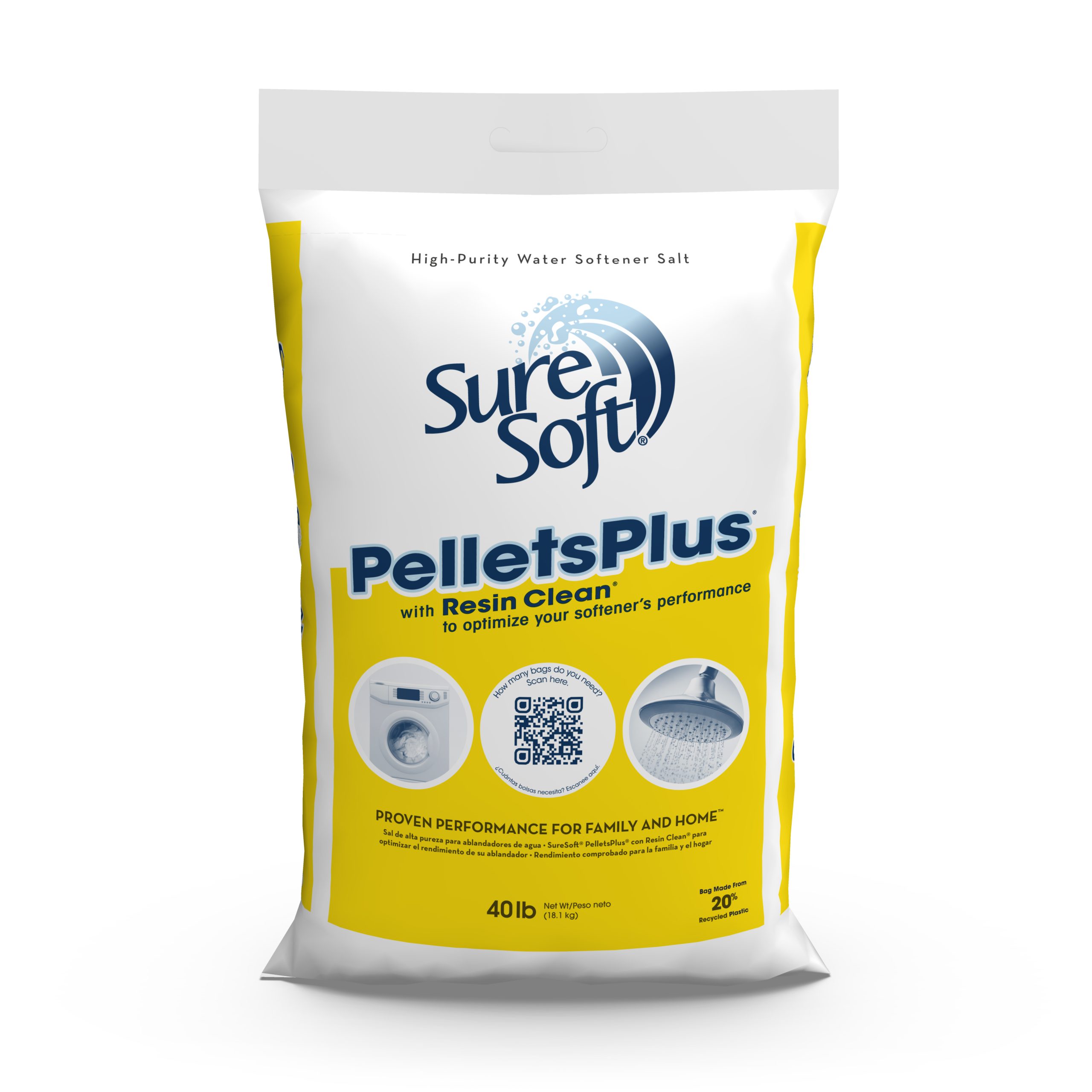 The front of a 40-pound bag of SureSoft PelletsPlus with Resin Clean water softener salt.