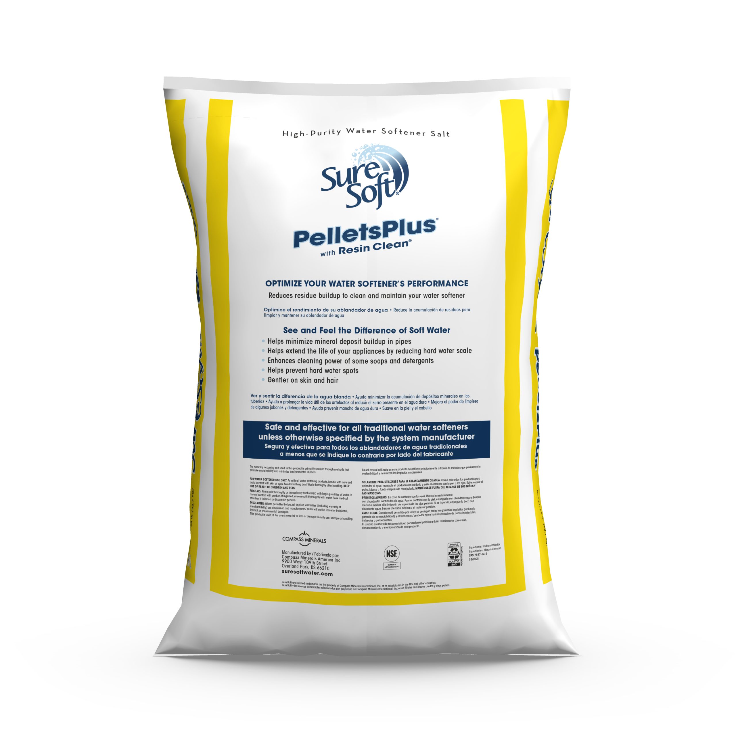 The back of a 50-pound bag of SureSoft PelletsPlus with Resin Clean water softener salt.