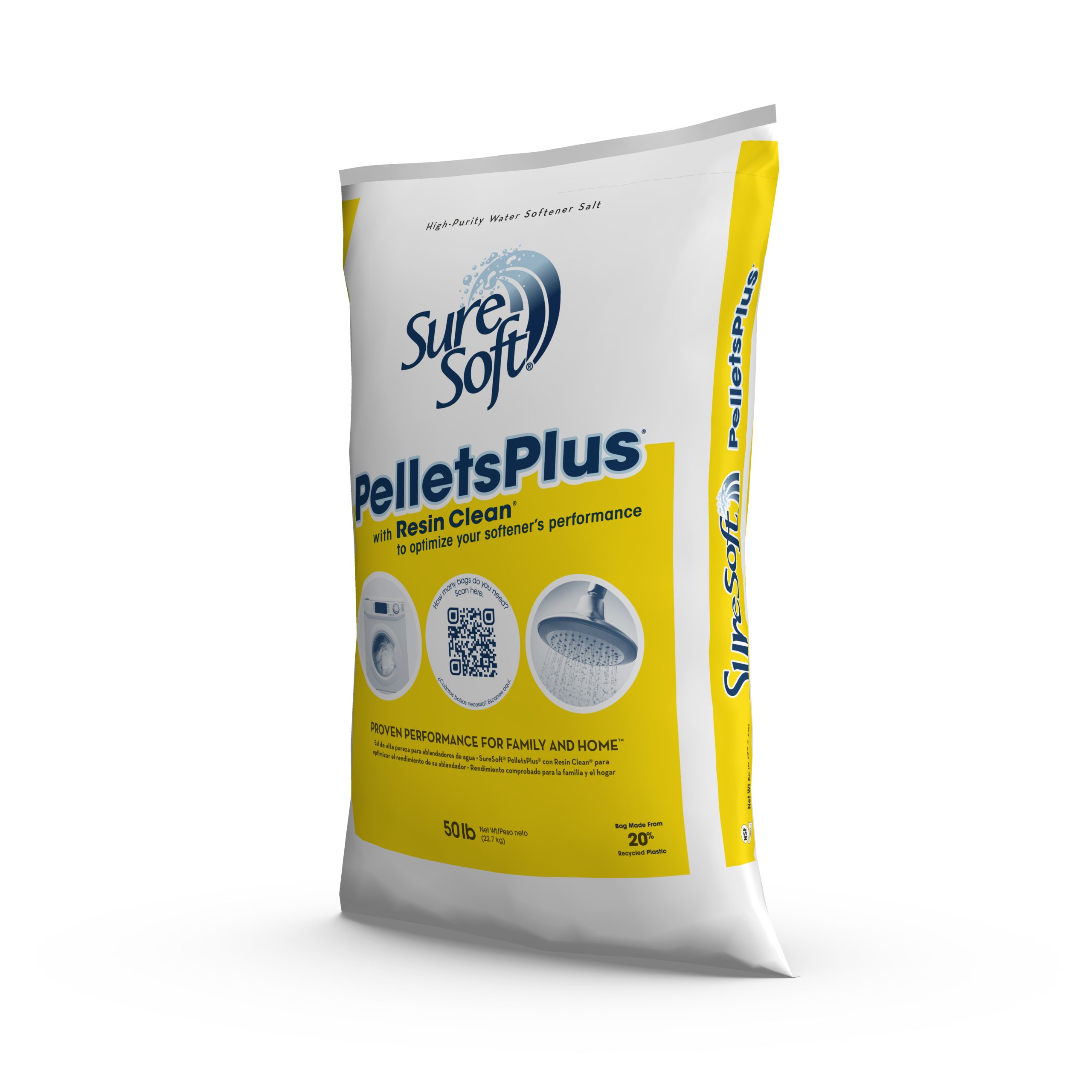 The left side of a 50-pound bag of SureSoft PelletsPlus with Resin Clean water softener salt.