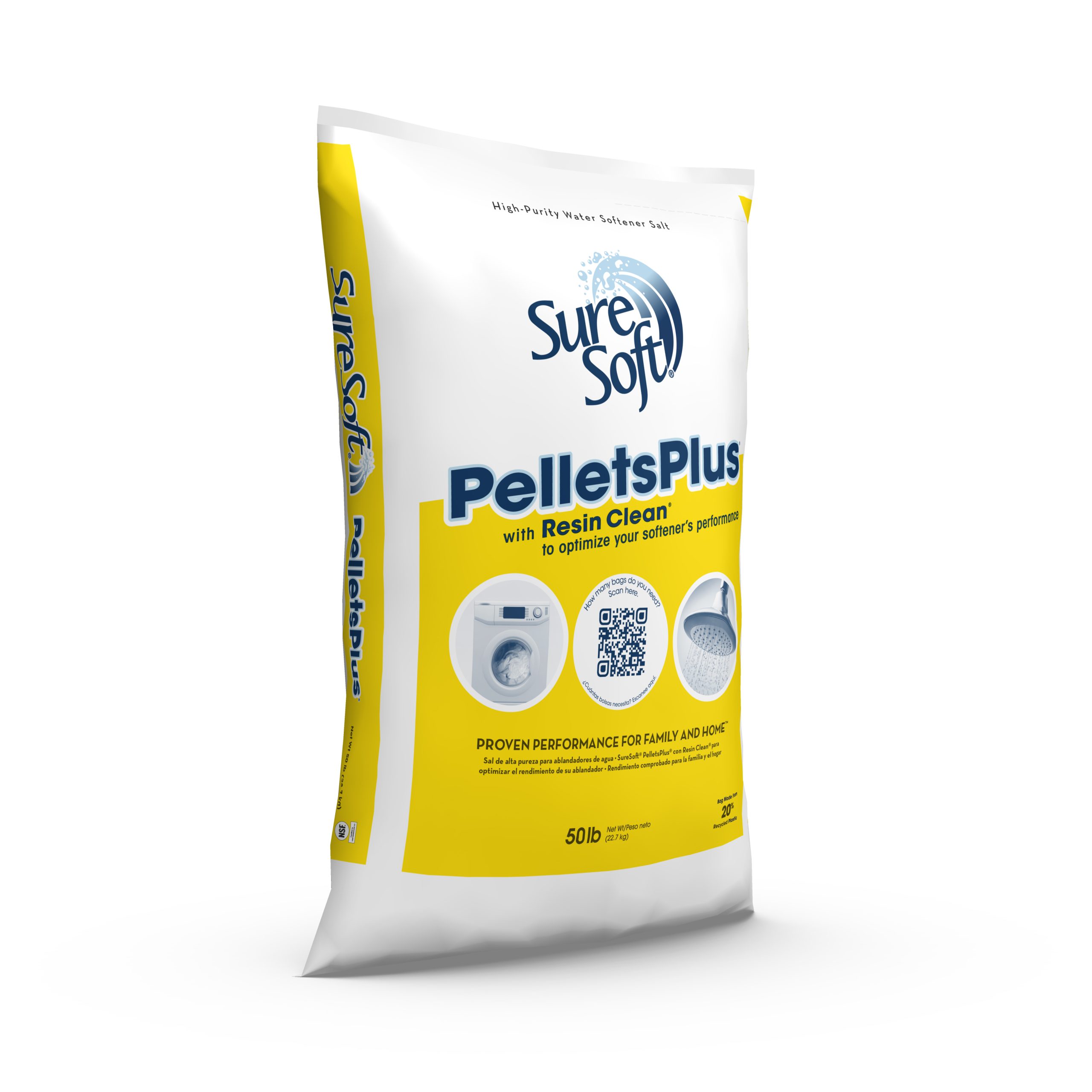The right side of a 50-pound bag of SureSoft PelletsPlus with Resin Clean water softener salt.