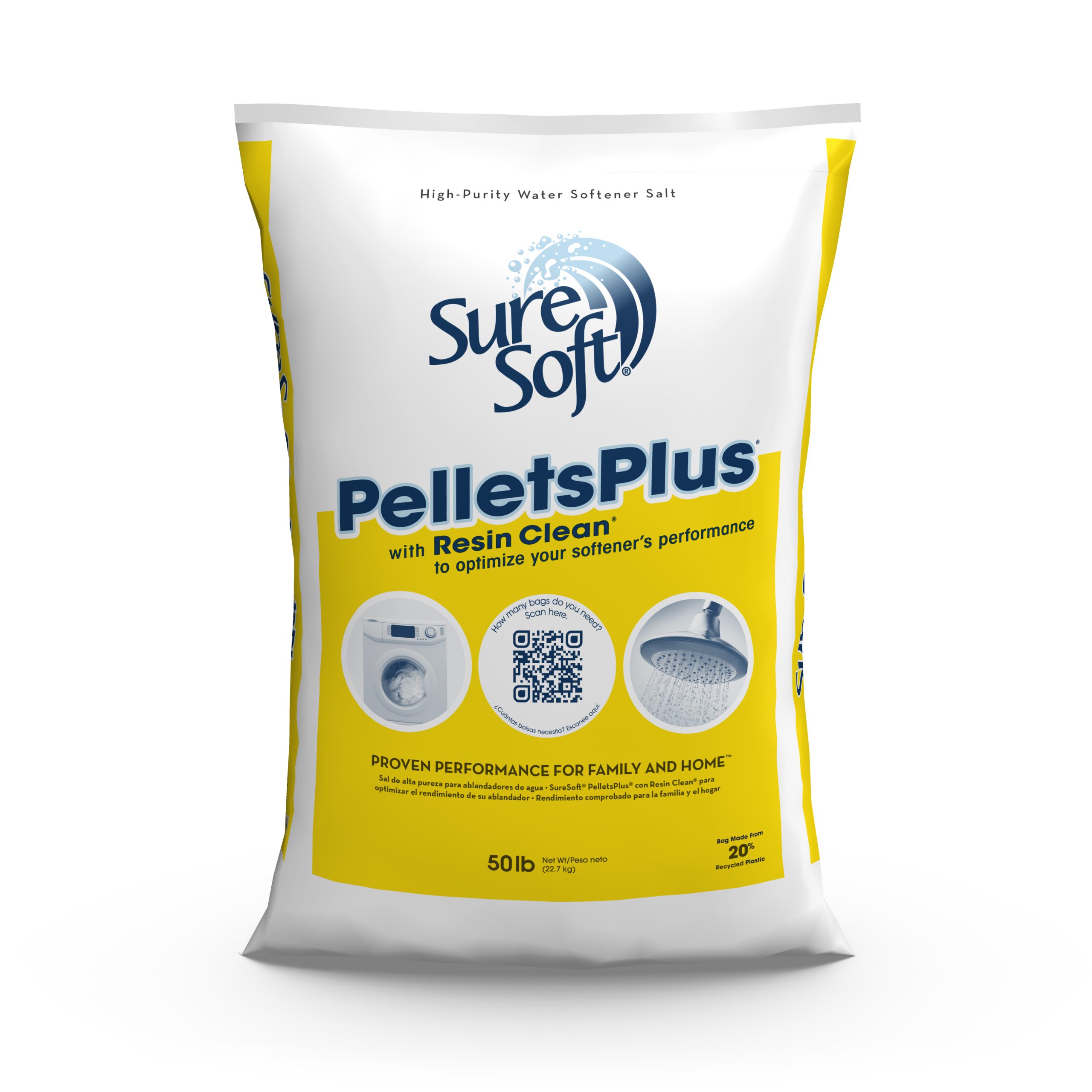 The front of a 50-pound bag of SureSoft PelletsPlus with Resin Clean water softener salt.
