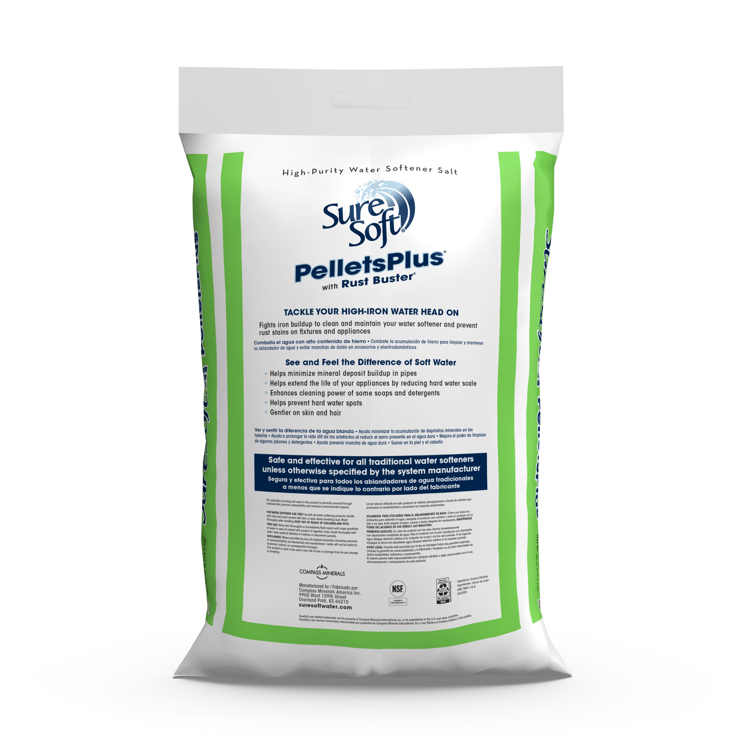 The back of a 40-pound bag of SureSoft PelletsPlus with Rust Buster water softener salt.