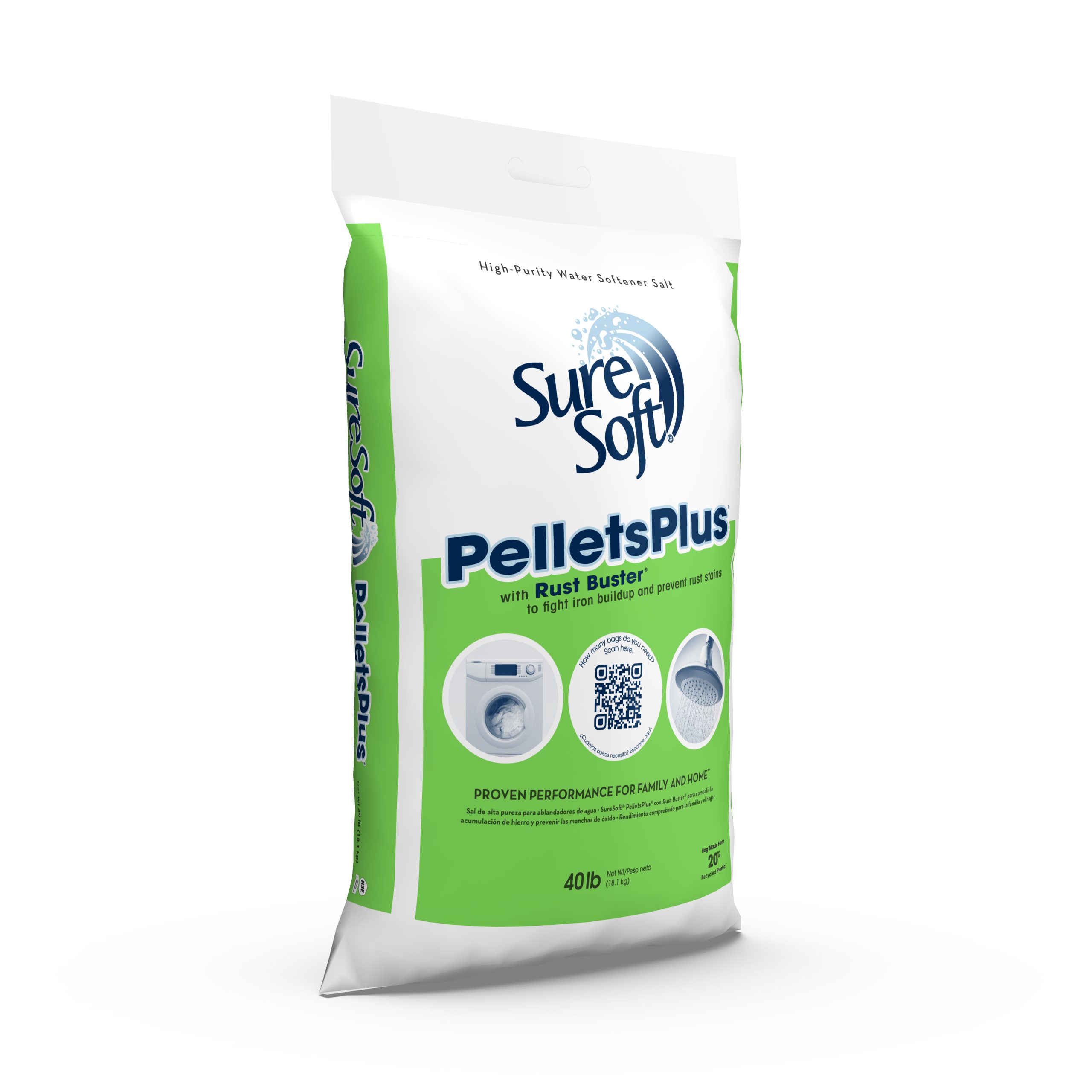 The right side of a 40-pound bag of SureSoft PelletsPlus with Rust Buster water softener salt.