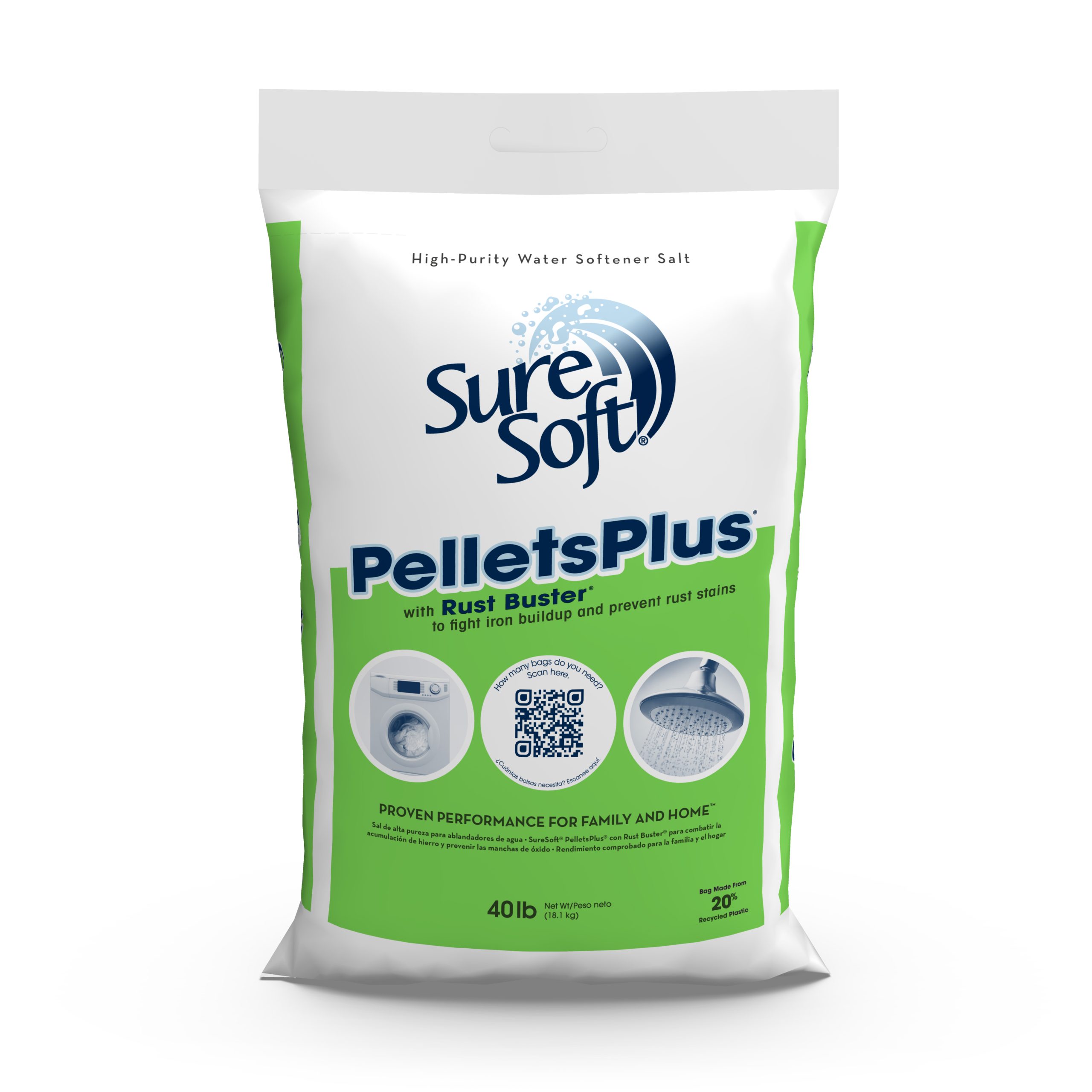 The front of a 40-pound bag of SureSoft PelletsPlus with Rust Buster water softener salt.