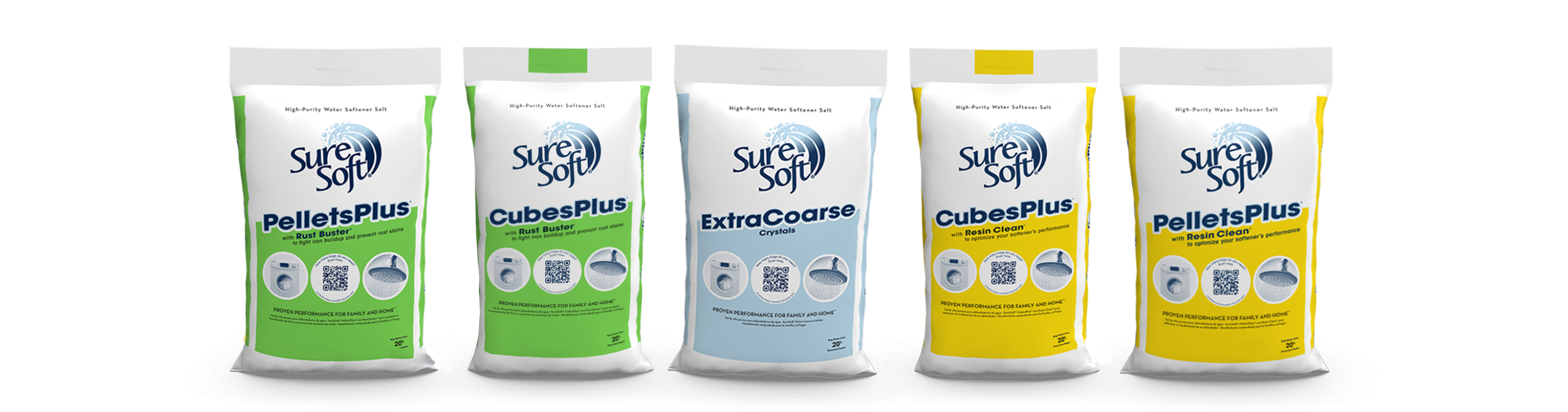 Five different bags of SureSoft water softener salt.