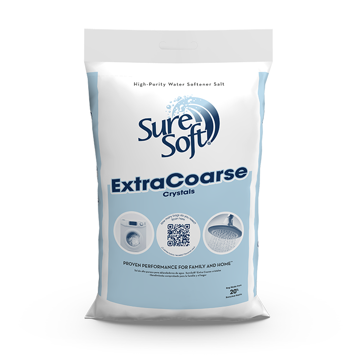 A bag of SureSoft Extra Coarse water softener salt.