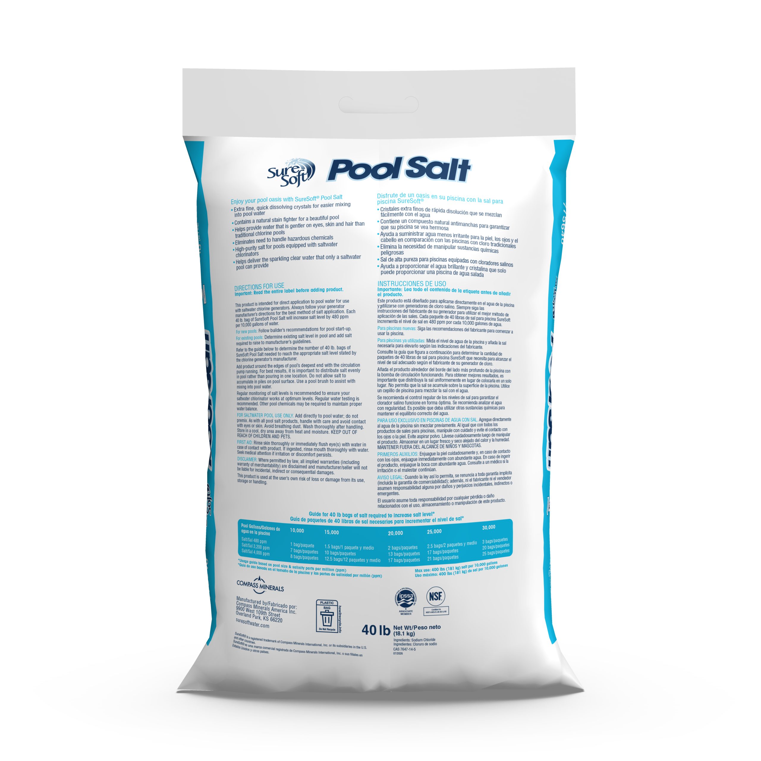 The back of a 40-pound bag of SureSoft Pool Salt.