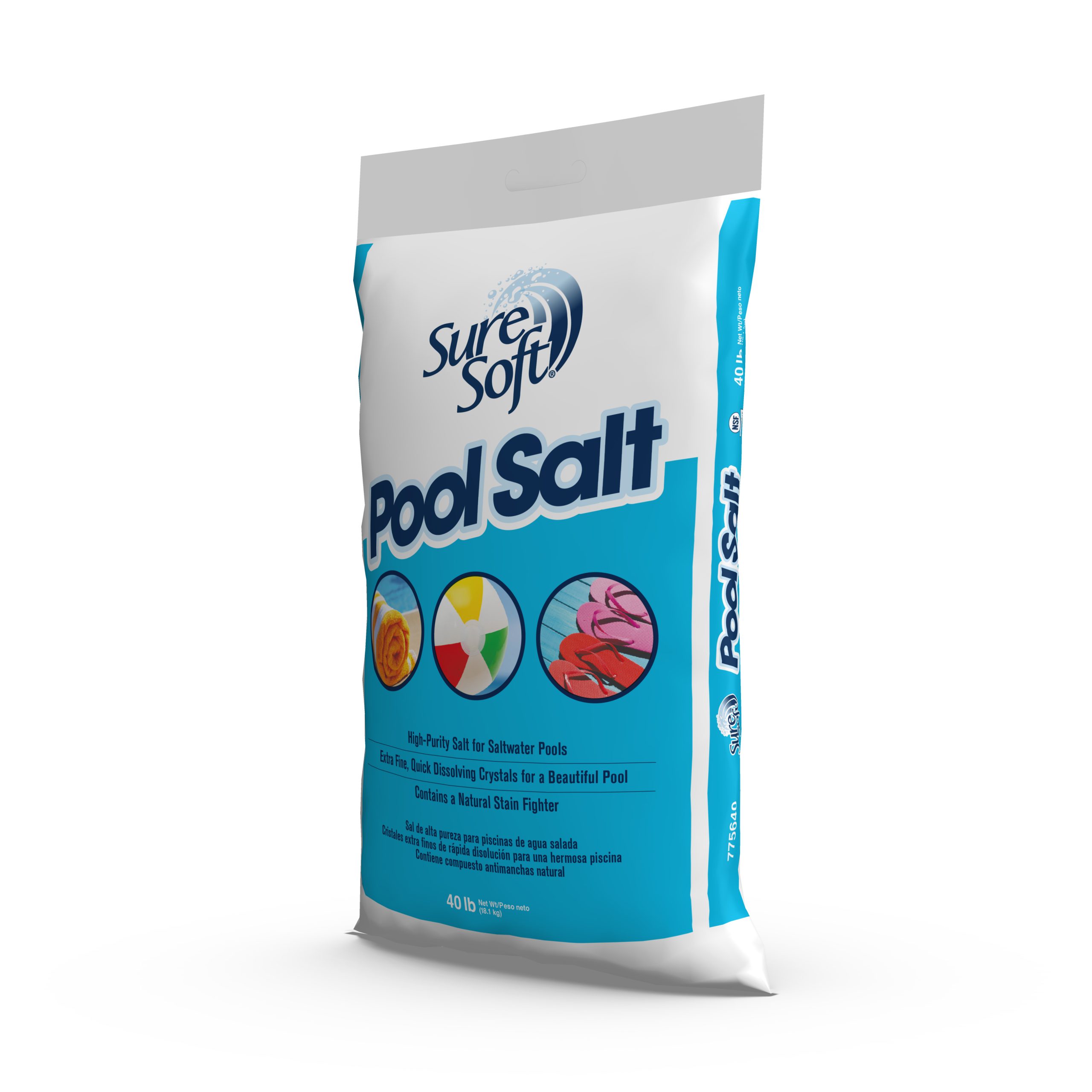 The left side of a 40-pound bag of SureSoft Pool Salt.