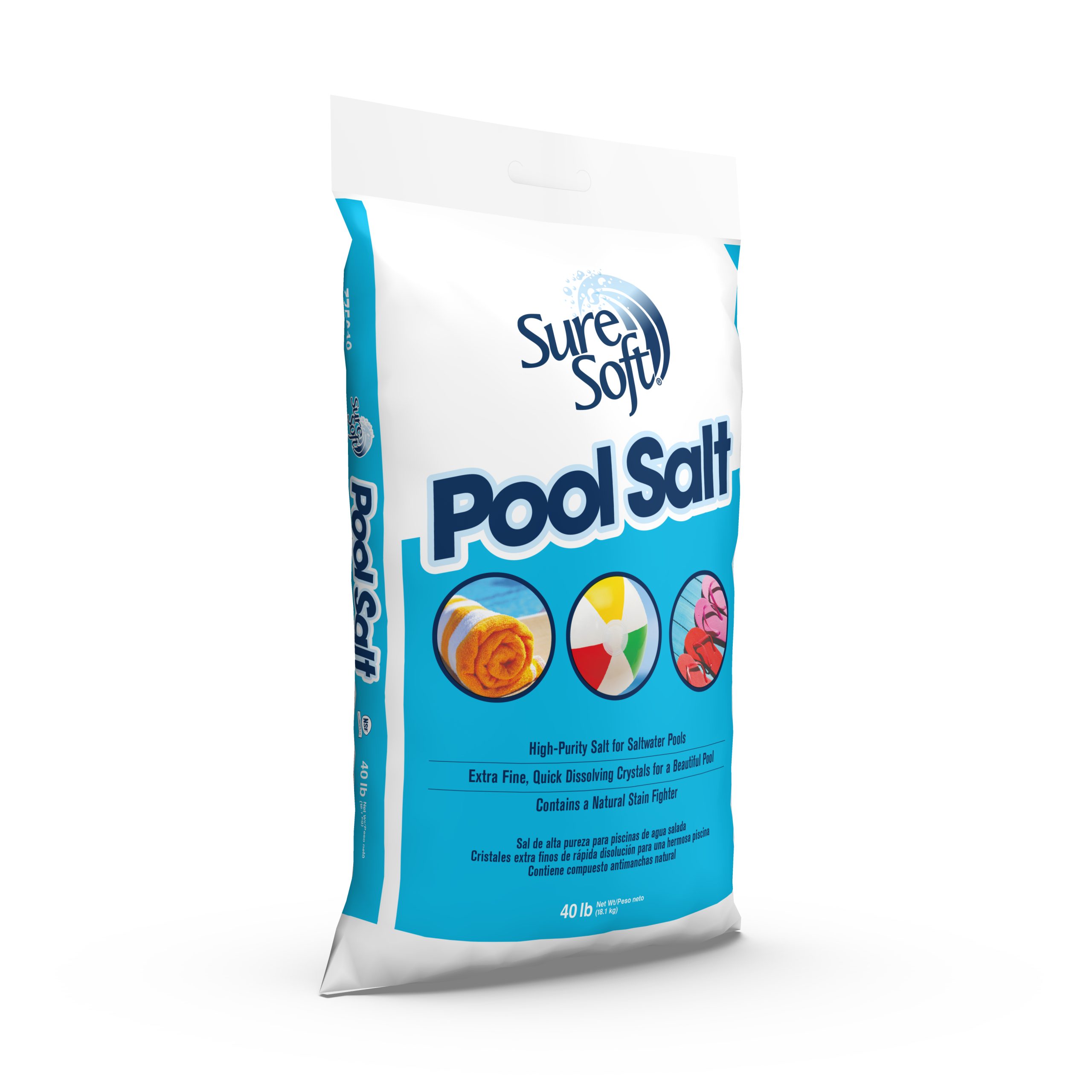 The right side of a 40-pound bag of SureSoft Pool Salt.